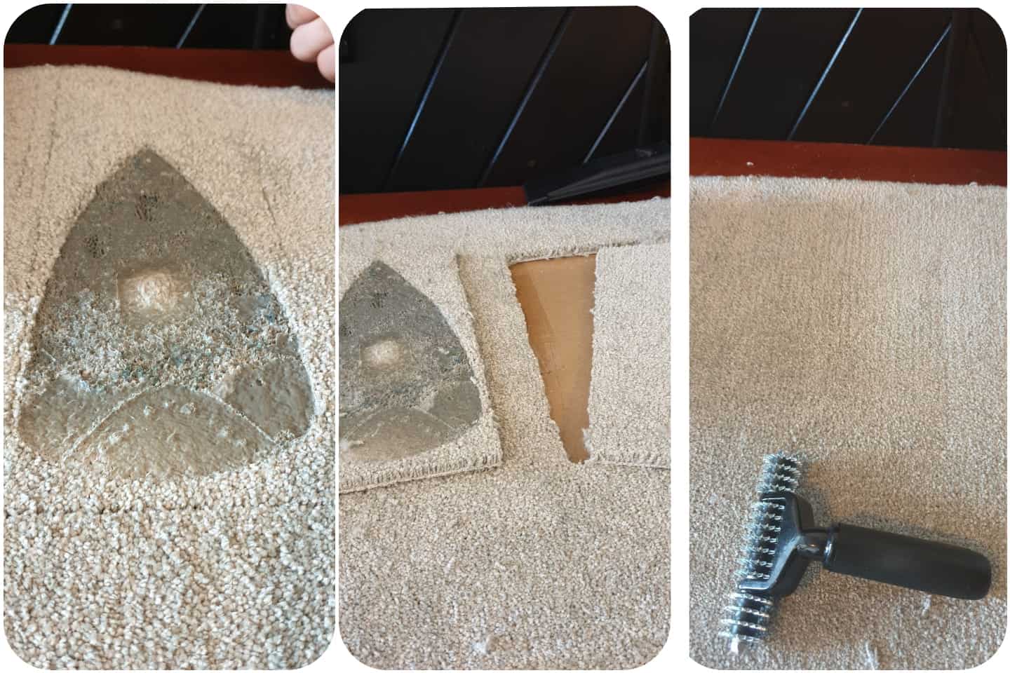 A carpet patch being carefully fitted during a repair