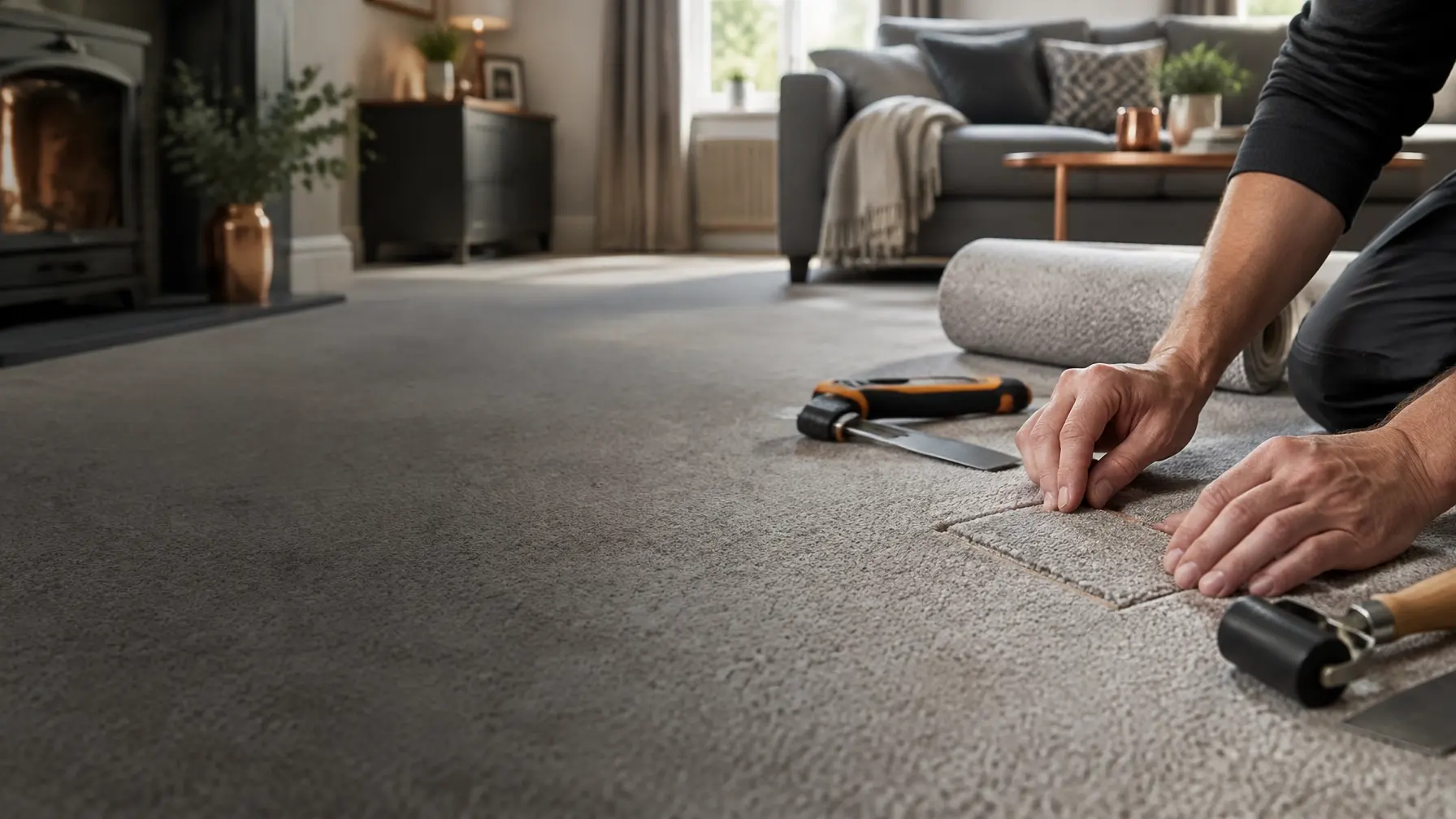 Carpet repair specialist carefully fitting a carpet patch in a home